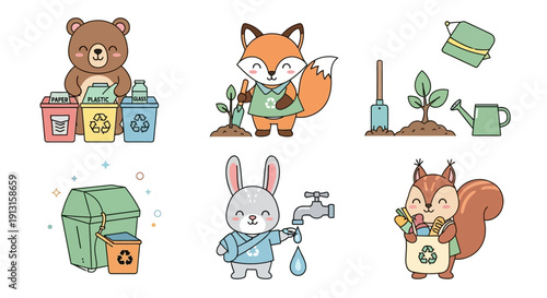 Cartoon animals engaged in eco friendly actions to promote conservation