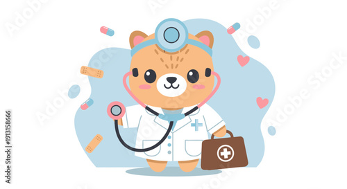 Cartoon bear doctor with stethoscope and medical bag isolated on white