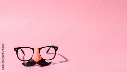 Playful glasses with fake nose and mustache on pink background for April Fool’s Day  