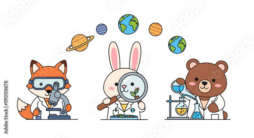 Cartoon animals scientists exploring science with planets overhead
