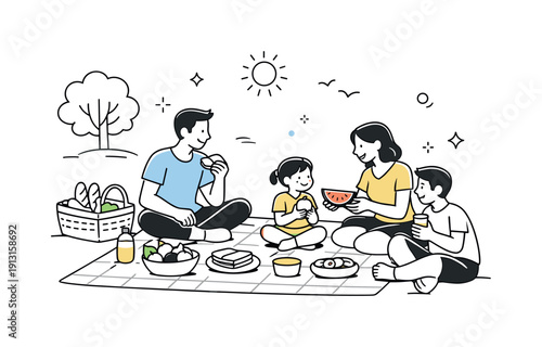 Family Picnic Bliss. Families participating in outdoor activities ? family picnic in the park. A relaxed scene of parents and children sitting on a blanket,