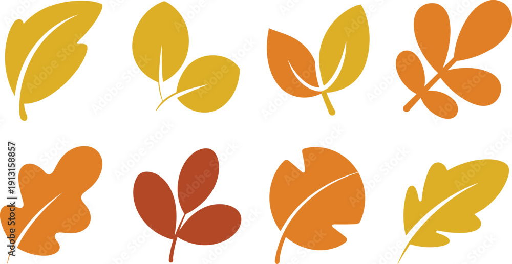 Fototapeta premium Autumn Golden Leaf Icon Set with Abstract Botanical Foliage for Fall Season Design, Nature Clipart, Modern Flat Vector Collection