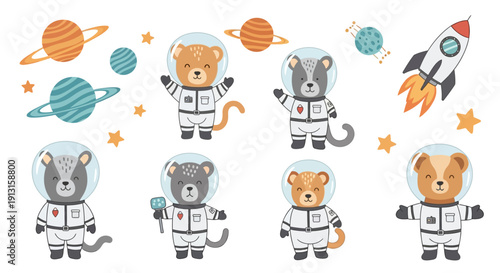 Cartoon astronauts animals exploring space with planets and rocket illustrations