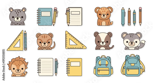 Cartoon school elements illustration featuring animals notebook and pencils