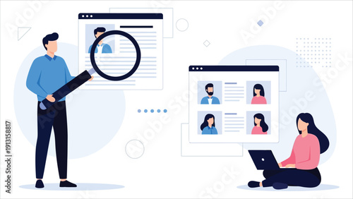 Recruiter reviewing candidate profile online, concept for job search, hiring, recruitment, and HR. Ideal for presentations, websites, and publications