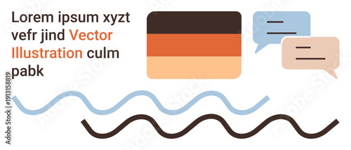 Communication, multicultural exchange, language learning, dialogue, visual messaging, creative design. Chat bubbles, flag-inspired design and wavy lines. Communication and multicultural exchange