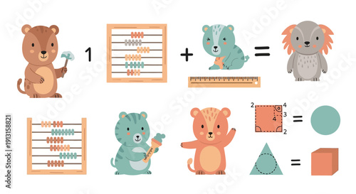 Educational illustration with animals and math symbols for learning