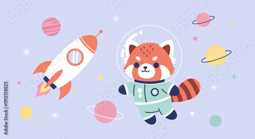 Cartoon red panda astronaut with rocket in space among planets