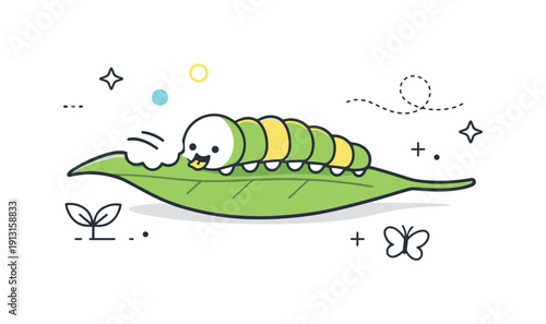 Image Generation. Caterpillar growth stage. A small caterpillar slowly crawling along a leaf, eating and growing, with gentle movement lines and floating