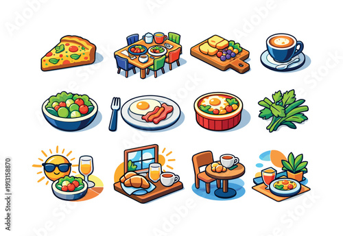Colorful Brunch Icons. Brunch dish. Colorful isometric vector icons set of Brunch dish: brunch frittata slice, shared table, serving board, coffee cup, salad