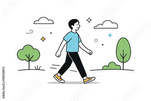 Image Generation. Short walk break. A person walks calmly in a simple outdoor setting with minimal trees and clouds. Light movement and fresh air as a stress