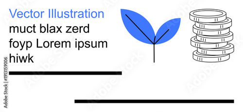 Environmental sustainability, financial investment, economic growth, eco-friendly practices, nature conservation, corporate responsibility. Abstract leaf and coin stack illustration. Environmental