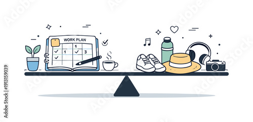 Work-life balance through organization. A balanced scene with a planner on one side and personal items on the other, symbolizing healthy time
