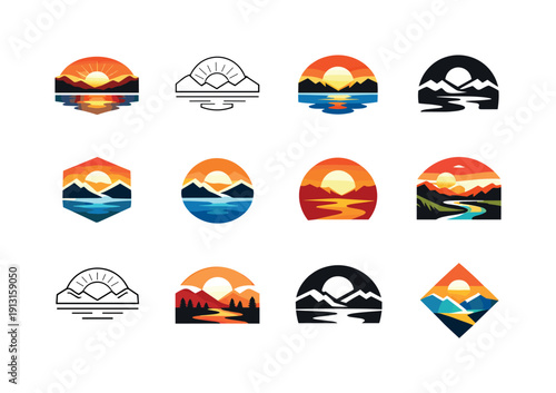 Sunrise and sunset over natural landscapes. Icon set. Set Logo of sunrise and sunset over natural landscapes: layered landscape sunset.