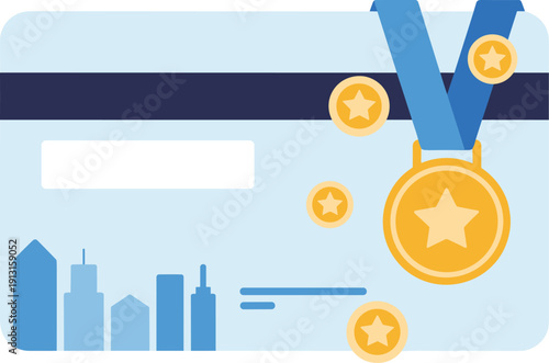 Credit card with reward medal and stars, loyalty program bonus concept, cashback achievement, customer benefits, finance illustration isolated on light background