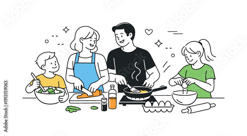 Image Generation. Cooking as family bonding. A relaxed kitchen scene where family members share roles while making food, expressing care, communication, and