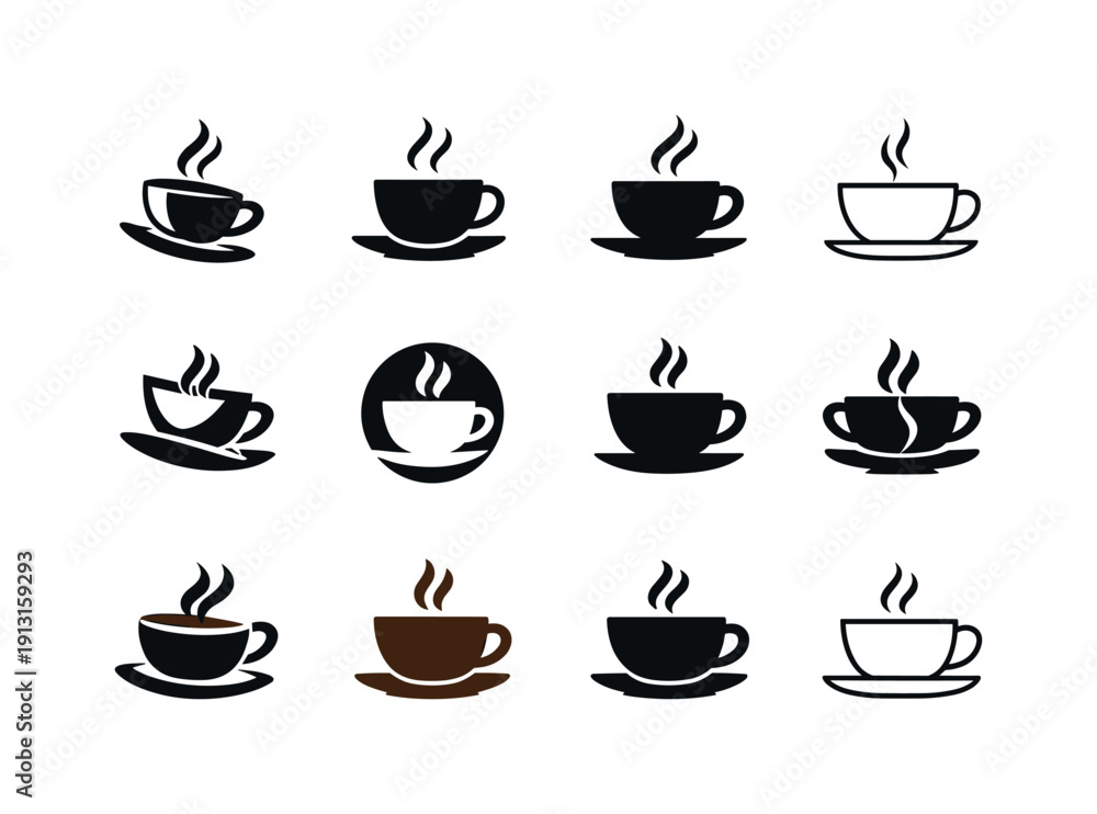 Obraz premium Coffee break. Icon set. Set Logo of coffee break: cup and saucer. harmonious logo variations of the same emblematic concept, each with
