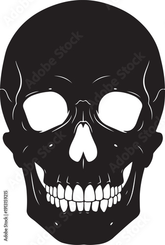 Human skull face illustration with visible teeth and empty eye sockets on transparent background