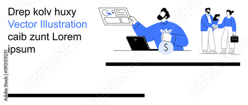 Finance, teamwork, analytics, decision-making, wealth management, savings. A person holding a money bag and analyzing data with a computer collaborative team interaction. Finance and teamwork
