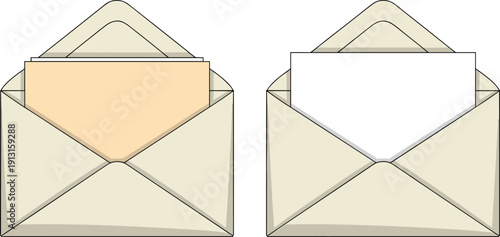 Open envelopes with blank letters and documents, mail communication concept, paper correspondence template, message delivery, business stationery isolated on light background