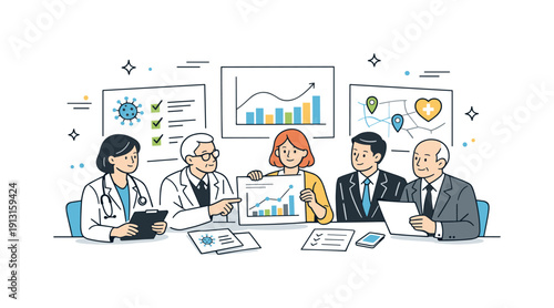 Managing a public health emergency. Doctors and public officials reviewing data charts and health guidelines together in a structured