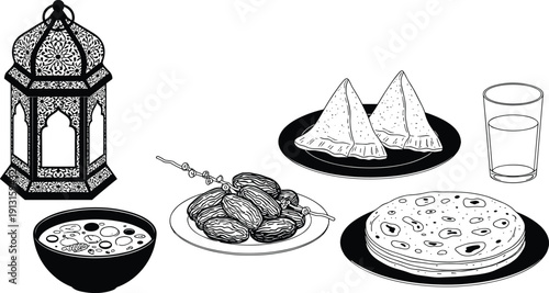 Black and White Sketch of Traditional Iftar Meal with Ornate Ramadan Lantern Dates Samosas Flatbread and Soup for Islamic Eid Mubarak Celebration Background (25 words)
