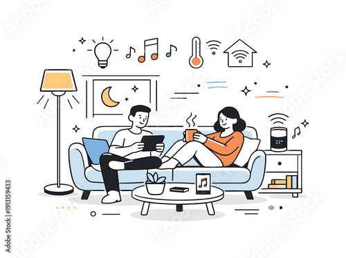 Smart home lifestyle. A relaxed evening scene with automated lighting, music, and climate creating a comfortable mood. The focus is on