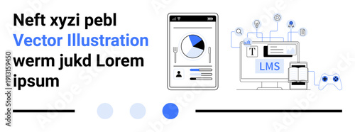 Tablet displaying analytics beside a desktop with LMS, connected icons, game controller, and books. Ideal for education, technology, analytics, e-learning, development gaming simple landing page