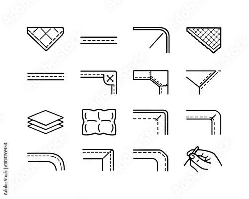 Image Generation. Duvet Craft Details. Line icon set of Duvet Craft Details: quilted corner, stitched edge, piping detail, fabric texture corner, sewn hem,