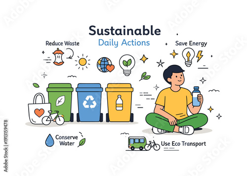 Sustainable daily actions. A tidy editorial composition with recycling bins, symbols, and a relaxed person, highlighting small steps toward a