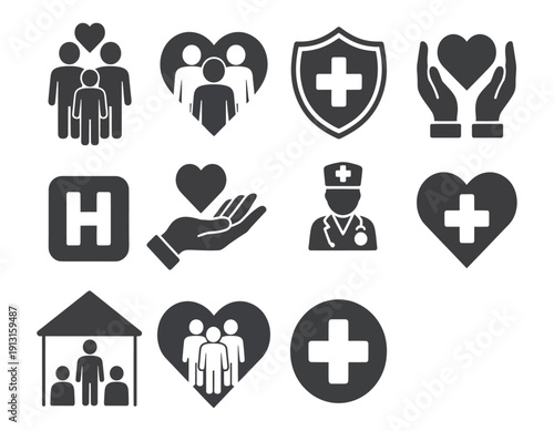 Medical insurance and healthcare icons collection featuring family protection symbols heart shapes hospital signs and doctor figure