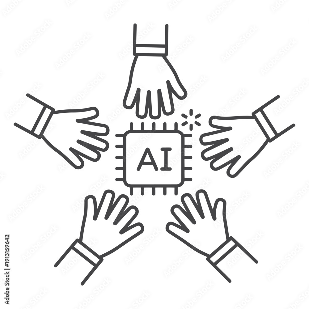 Obraz premium Ai processor surrounded by hands vector icon, collaborative artificial intelligence concept symbol on transparent background