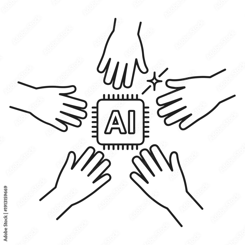 Fototapeta premium Artificial intelligence processor surrounded by diverse hands vector icon, teamwork in future technology concept