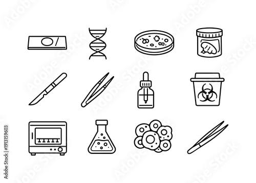 Biology lab. Line icon set of biology lab: microscope slide, DNA helix, petri dish bacteria, specimen jar, scalpel, forceps, dropper bottle,