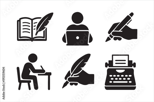 Education and writing icons depicting learning literature and composition