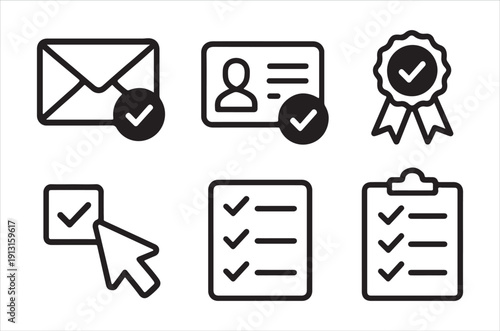 Collection of black linear icons representing communication and verification