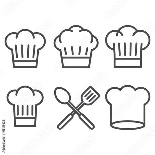 Chef hat vector icon set on transparent background, cook symbol collection, restaurant kitchen outline flat design