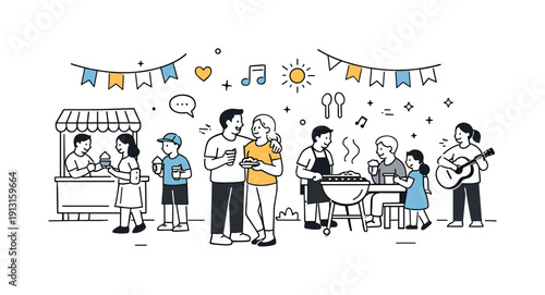 Community outdoor celebration. Neighbors enjoying a shared outdoor event, warm togetherness and openness. Food stands, flags, and abstract