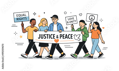 Peaceful civil rights demonstration. A small group walks forward calmly with banners and placards, showing respectful protest and civic