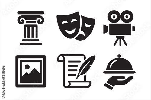 Black silhouette icons representing arts culture and entertainment categories