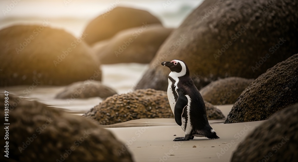 Fototapeta premium Penguin standing on a sandy beach with large rocks