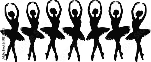 Vector illustration of ballerina silhouette collection—symbols for dance performance, ballet art, graceful movement, tutu costume, stage elegance, rhythm, discipline, and artistic representation