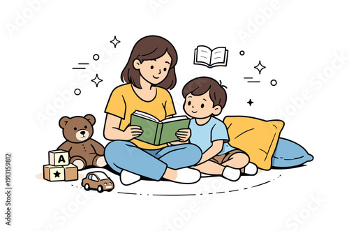 Professional babysitting at home. Caregiver reading a book to a child while sitting on the floor with pillows and toys nearby. Calm domestic