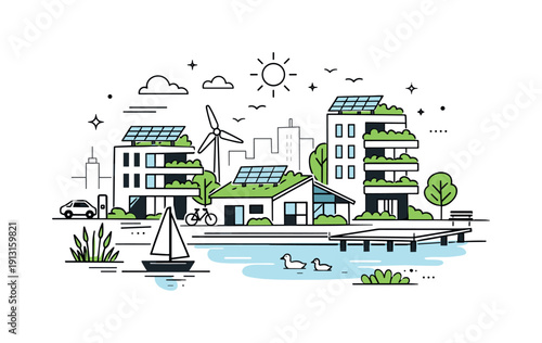 Sustainable waterfront development. Buildings with green roofs and solar panels placed near water, nature and city elements harmonized.