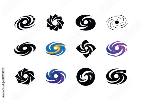Image Generation. The role of gravity in space and astrophysics. Icon set. Set Logo of the role of gravity in space and astrophysics: galaxy spiral core.