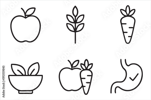 Simple line icons depicting various fruits vegetables and digestive health