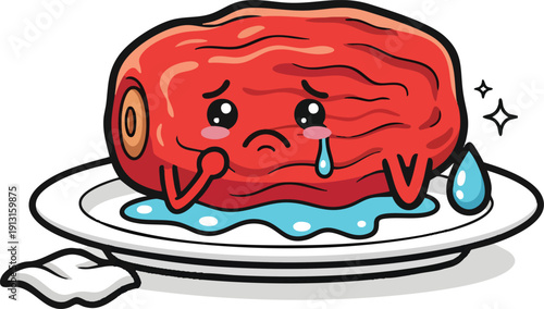 Cooked steak cartoon crying on plate with sauce and napkin