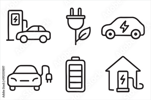Electric vehicle charging icons depicting cars power and sustainable energy