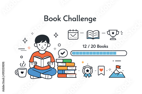 Book challenge tracking. A reader reviews a stack of finished books next to a progress bar and simple icons. Sense of achievement and steady