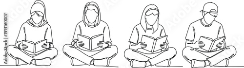Continuous One Line Drawing of Group of Diverse Students Sitting and Reading Books Minimalist Vector Art for Education Literacy Learning Library and School Concept (24 words)